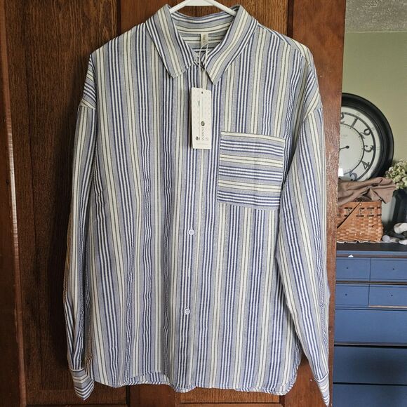 EVALESS Women's L Button Down Shirt Blouse White Blue Black Striped V Neck LS - Picture 3 of 11